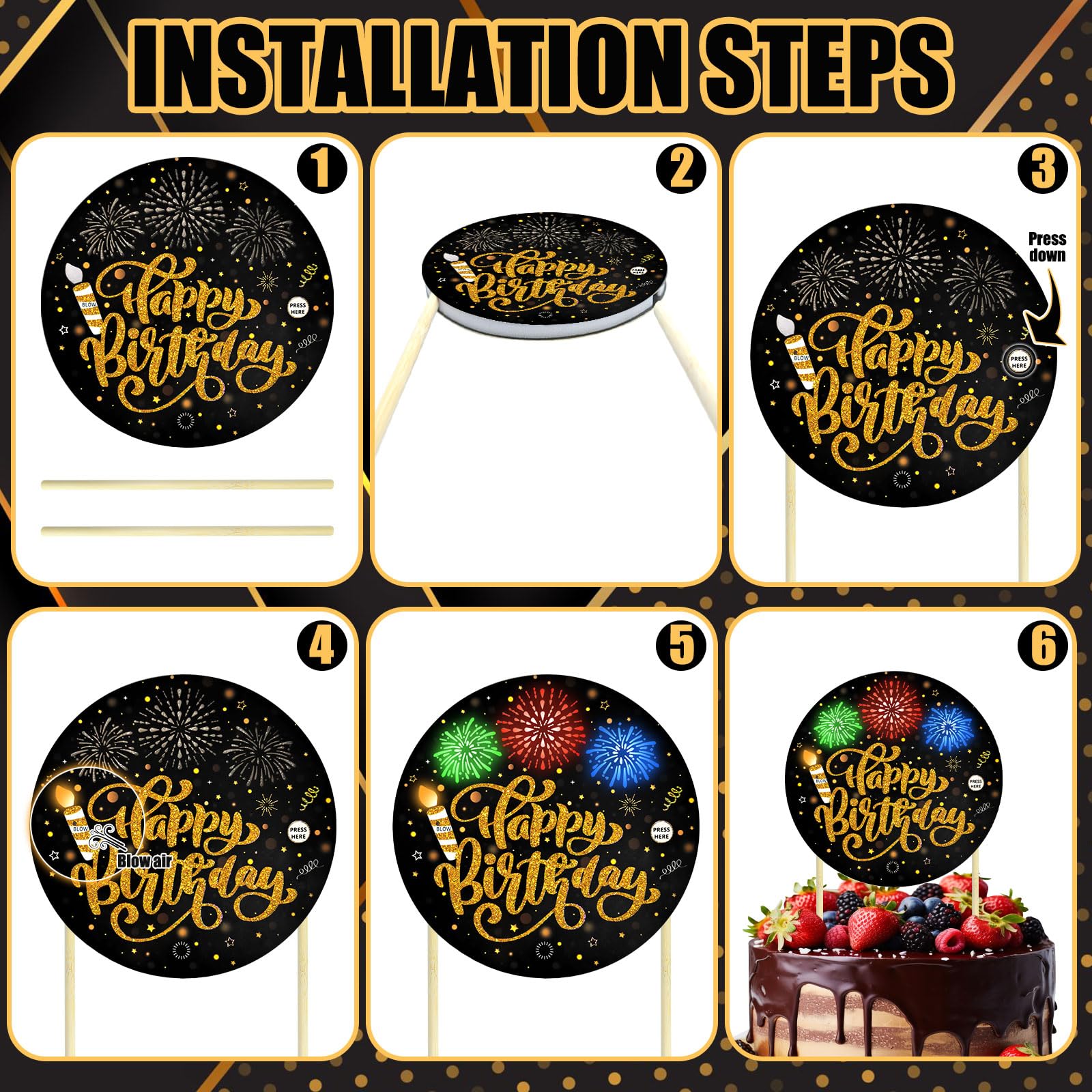 DTESL Black Gold Birthday Cake Topper with Light, Music & Blowable Fireworks – Plays 'Happy Birthday' Song