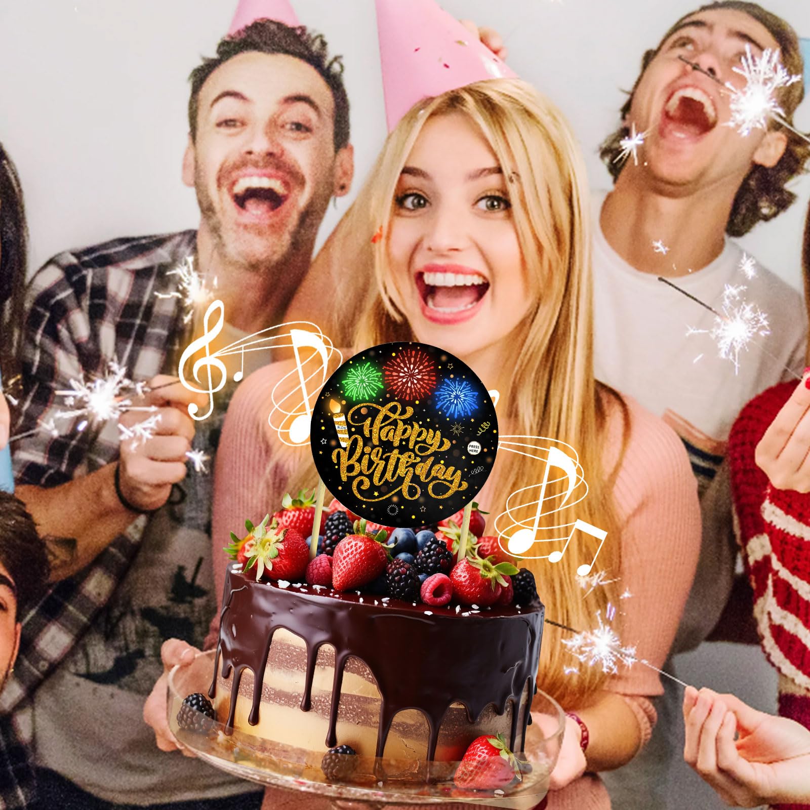 DTESL Black Gold Birthday Cake Topper with Light, Music & Blowable Fireworks – Plays 'Happy Birthday' Song
