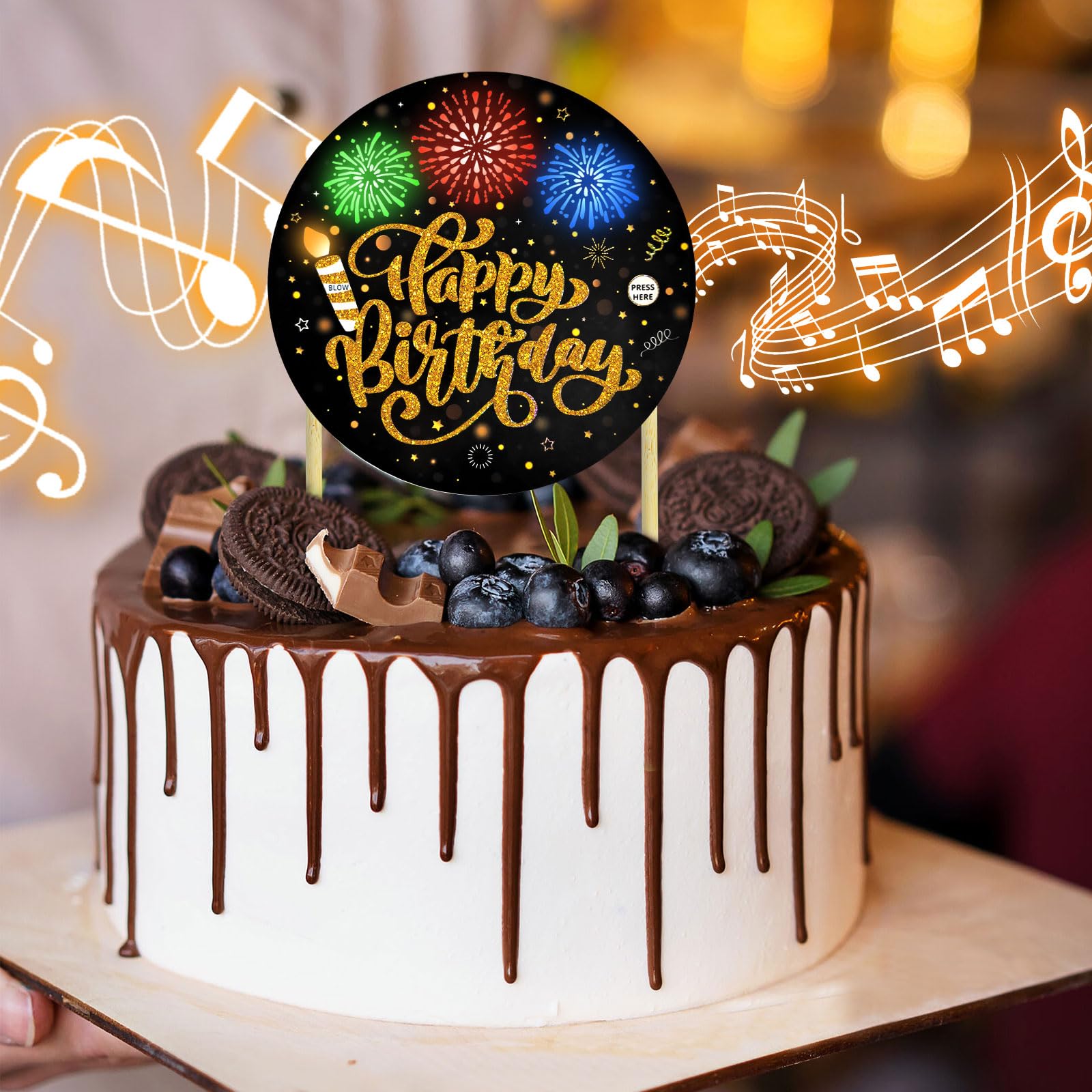 DTESL Black Gold Birthday Cake Topper with Light, Music & Blowable Fireworks – Plays 'Happy Birthday' Song