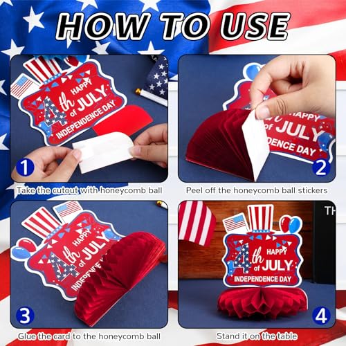 DTOFOOT 10-Piece Patriotic Honeycomb Centerpieces for 4th of July Table Decorations - Red, White & Blue 3D Designs with Gnome, Flags, Stars & Balloons