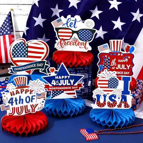 DTOFOOT 10-Piece Patriotic Honeycomb Centerpieces for 4th of July Table Decorations - Red, White & Blue 3D Designs with Gnome, Flags, Stars & Balloons