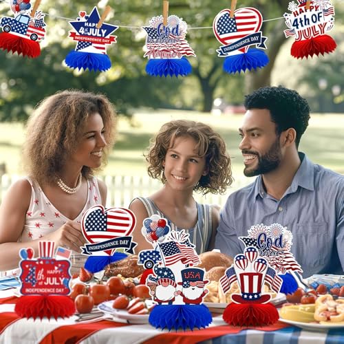 DTOFOOT 10-Piece Patriotic Honeycomb Centerpieces for 4th of July Table Decorations - Red, White & Blue 3D Designs with Gnome, Flags, Stars & Balloons