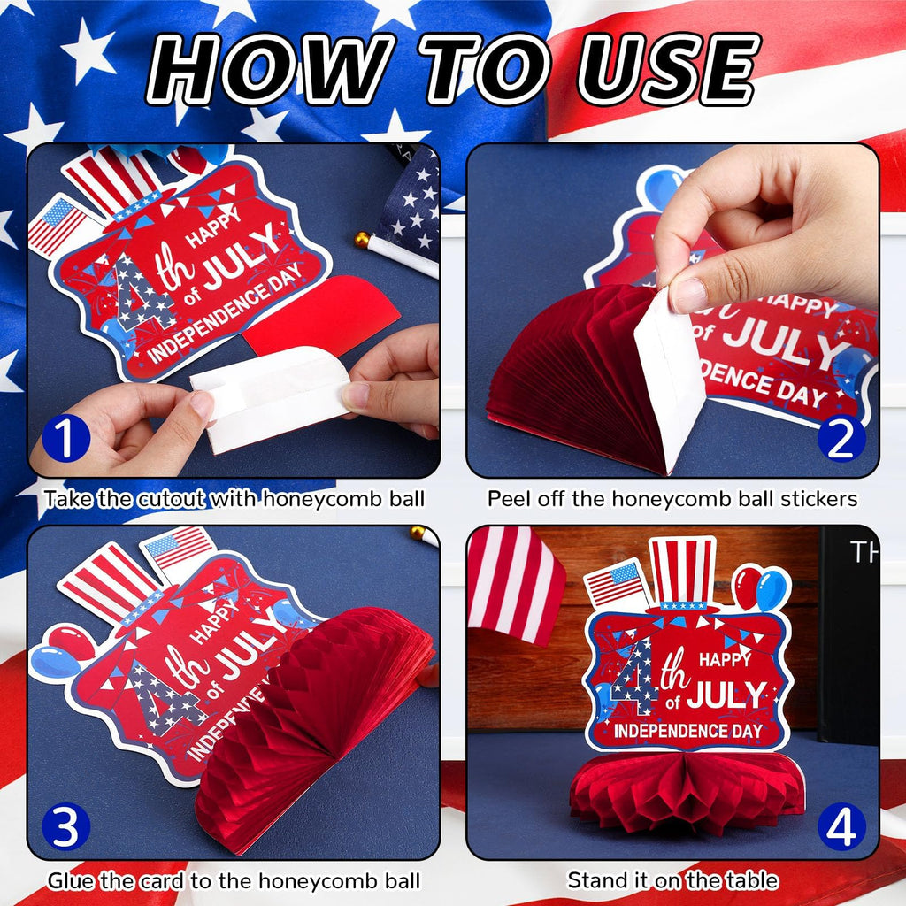 DTOFOOT 10-Piece Patriotic Honeycomb Centerpieces for 4th of July Table Decorations - Red, White & Blue 3D Designs with Gnome, Flags, Stars & Balloons