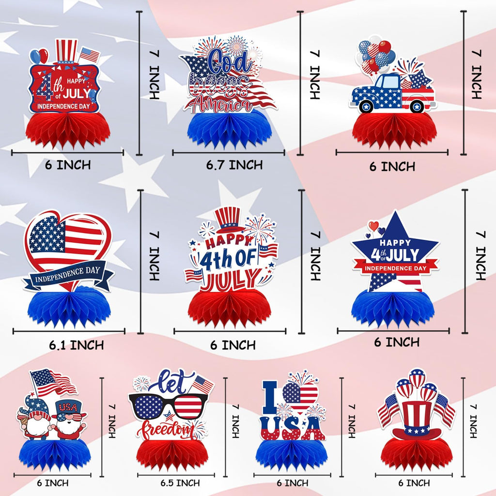 DTOFOOT 10-Piece Patriotic Honeycomb Centerpieces for 4th of July Table Decorations - Red, White & Blue 3D Designs with Gnome, Flags, Stars & Balloons