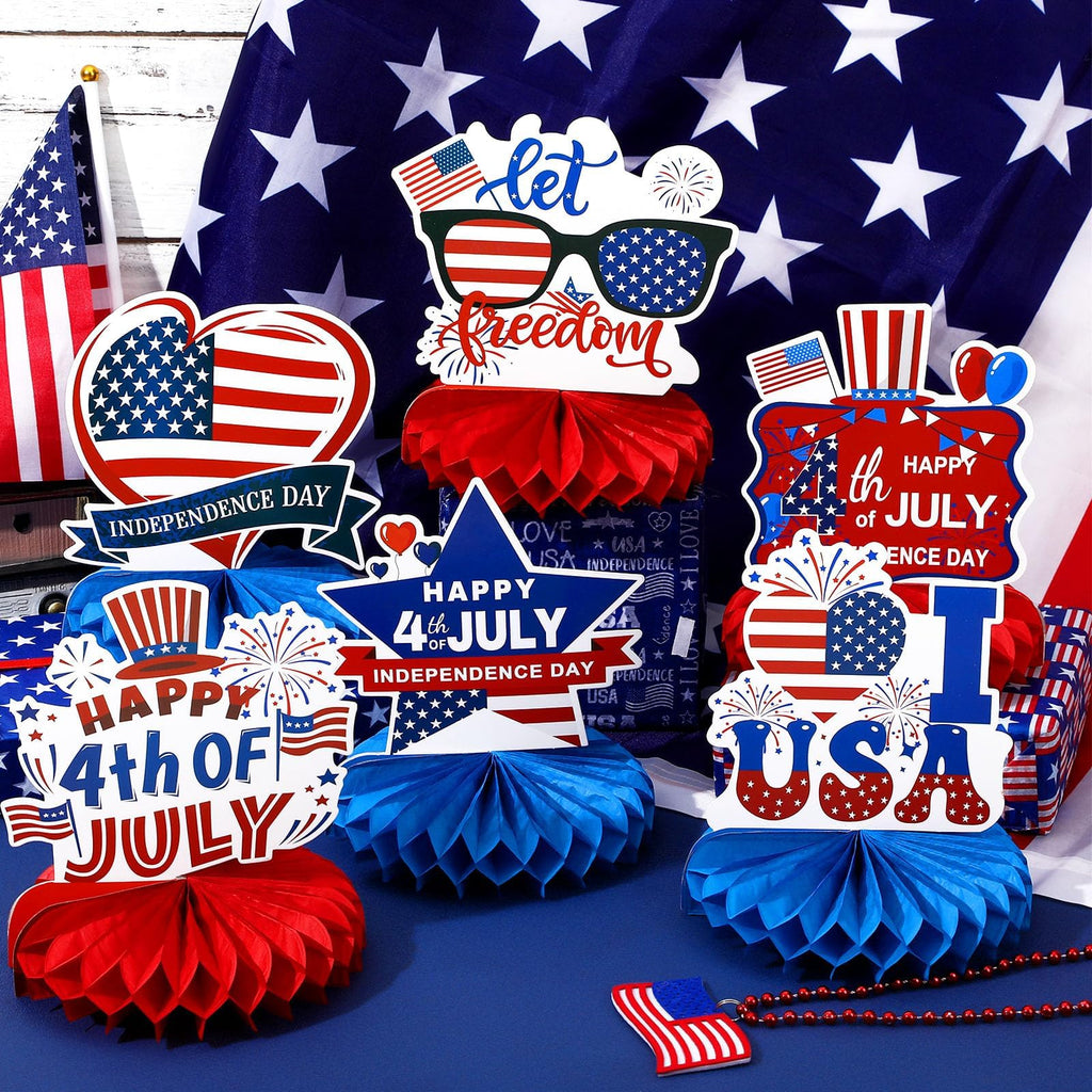 DTOFOOT 10-Piece Patriotic Honeycomb Centerpieces for 4th of July Table Decorations - Red, White & Blue 3D Designs with Gnome, Flags, Stars & Balloons