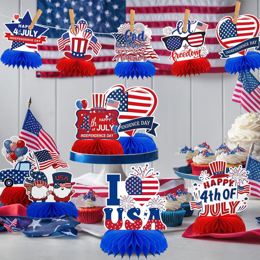 DTOFOOT 10-Piece Patriotic Honeycomb Centerpieces for 4th of July Table Decorations - Red, White & Blue 3D Designs with Gnome, Flags, Stars & Balloons