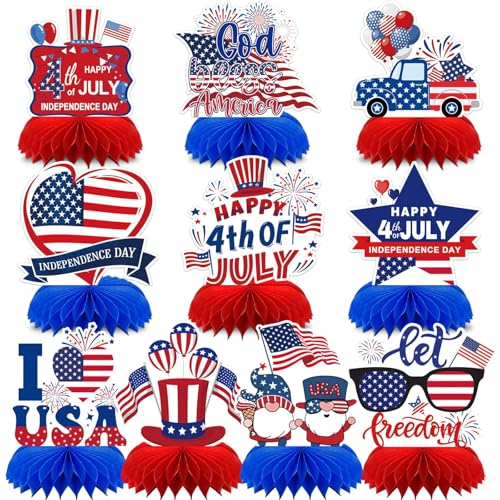 DTOFOOT 10-Piece Patriotic Honeycomb Centerpieces for 4th of July Table Decorations - Red, White & Blue 3D Designs with Gnome, Flags, Stars & Balloons