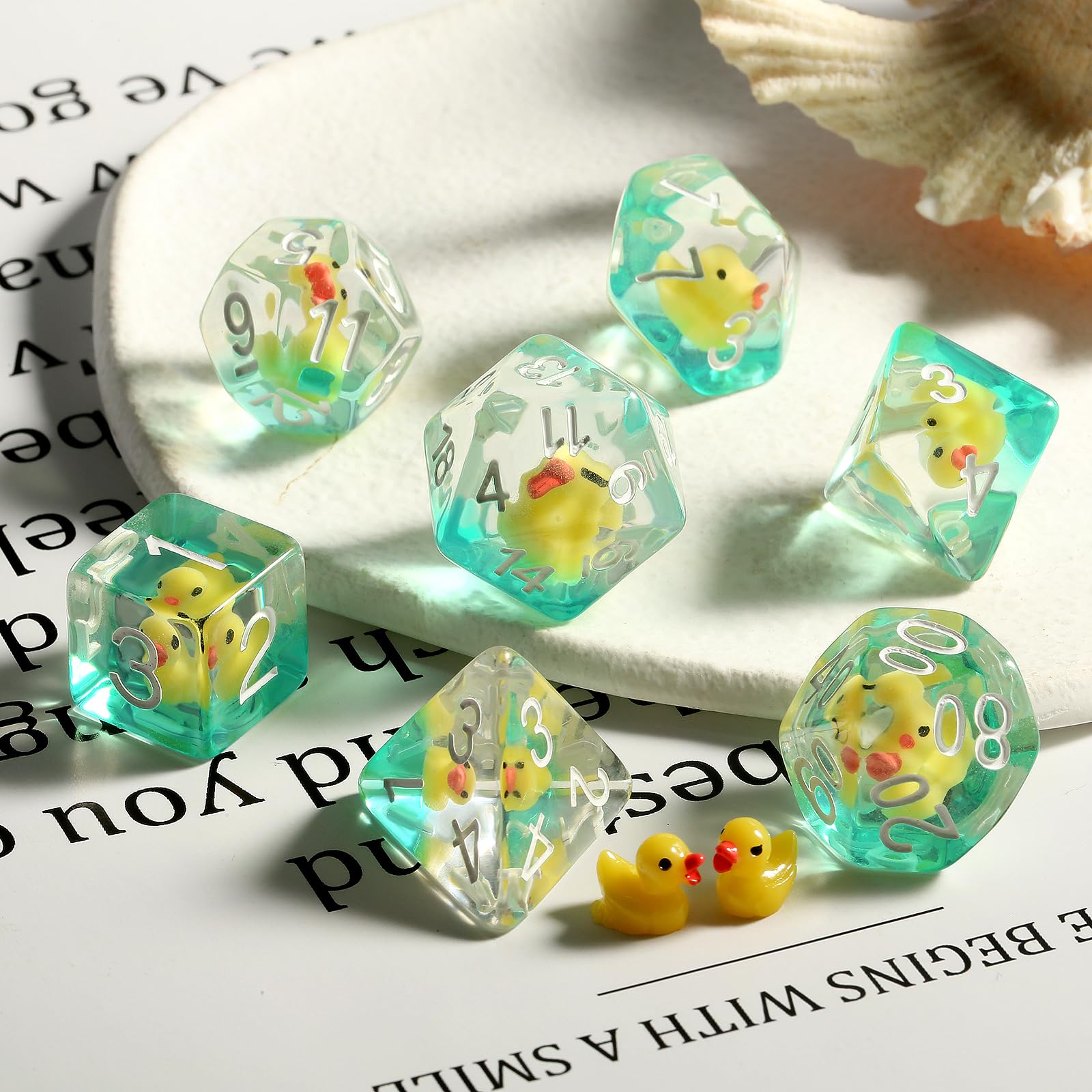 Duck DND Dice Set - 7 Pcs Polyhedral Resin Dice with Gold Numbers and Velvet Bag