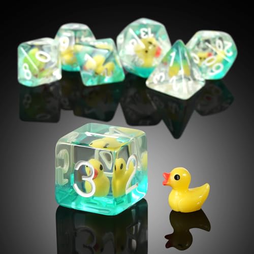 Duck DND Dice Set - 7 Pcs Polyhedral Resin Dice with Gold Numbers and Velvet Bag