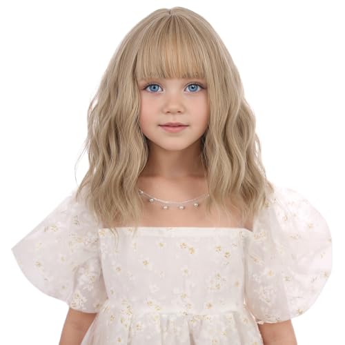 DUDUWIG Girls Ash Blonde Wavy Wig with Air Bangs – 12-Inch Heat Resistant Synthetic Wig for Kids