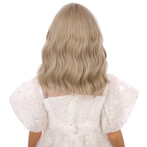 DUDUWIG Girls Ash Blonde Wavy Wig with Air Bangs – 12-Inch Heat Resistant Synthetic Wig for Kids