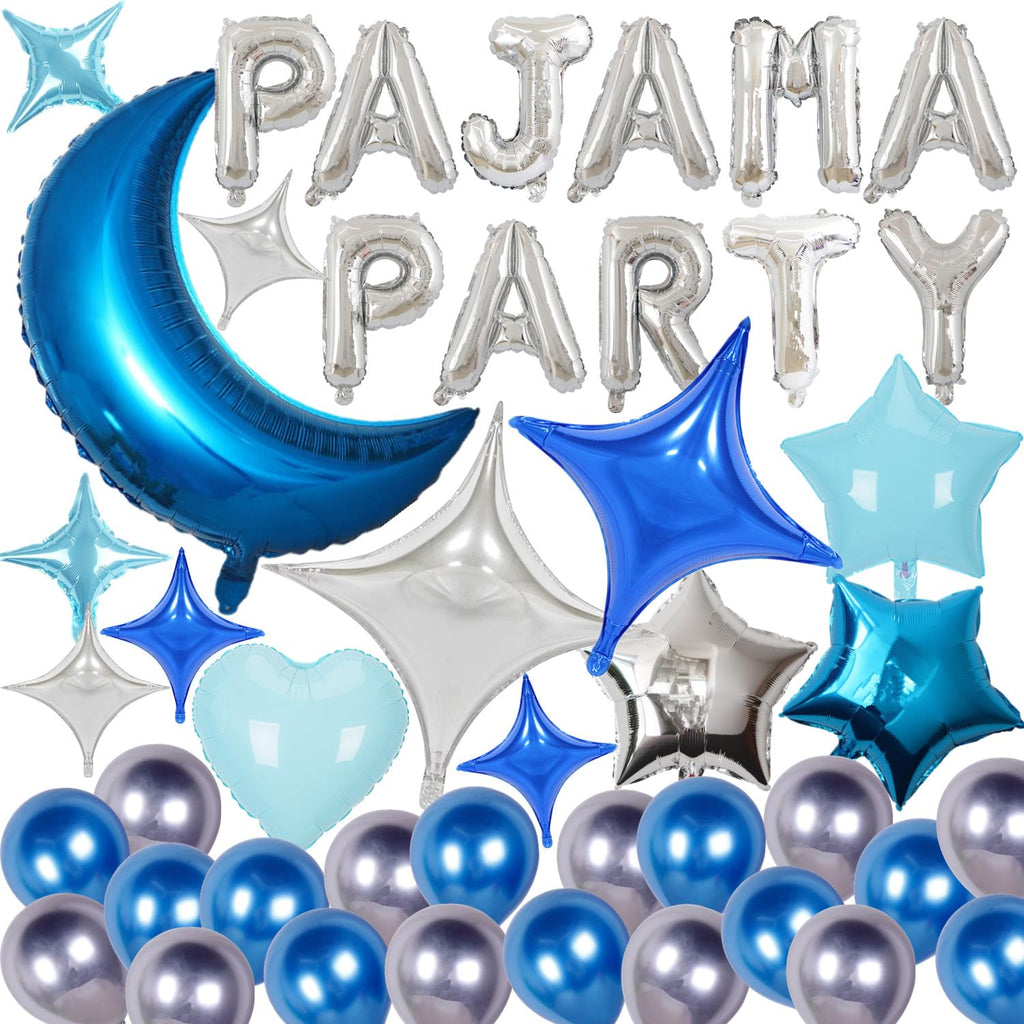 DUFACAI 44-Piece Pajama Party Balloon Set - Blue Moon, Stars & Hearts for Sleepover Decor