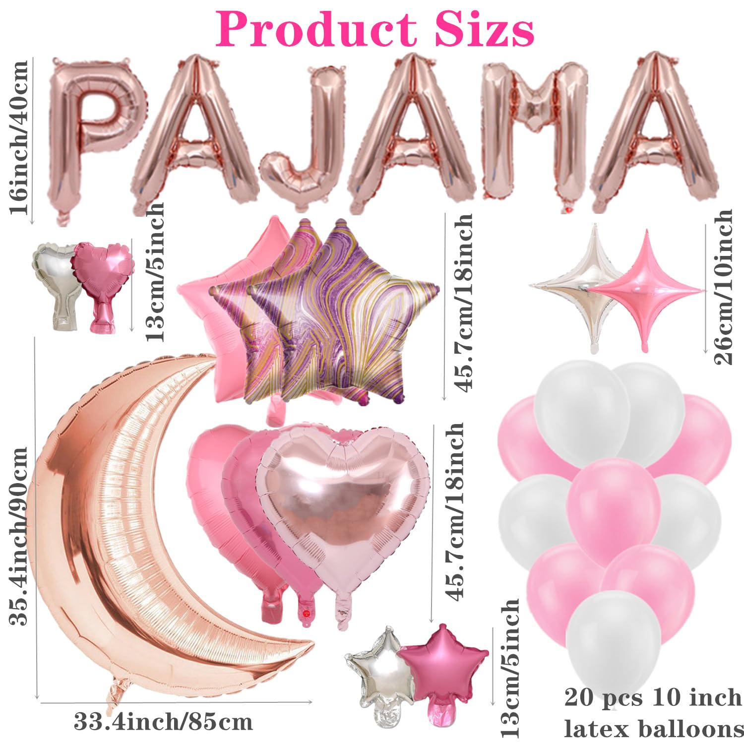 DUFACAI 44-Piece Rose Gold Pajama Party Balloon Set with Moon, Stars, Hearts, and Latex Balloons