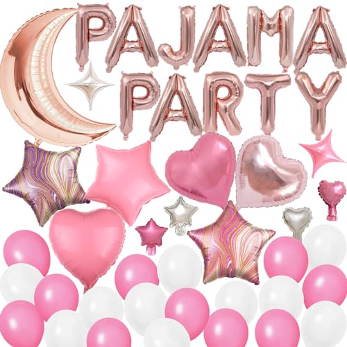 DUFACAI 44-Piece Rose Gold Pajama Party Balloon Set with Moon, Stars, Hearts, and Latex Balloons
