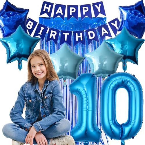 DUFACAI Blue 10th Birthday Party Decorations Kit - Banner, Balloons & Fringe Curtain