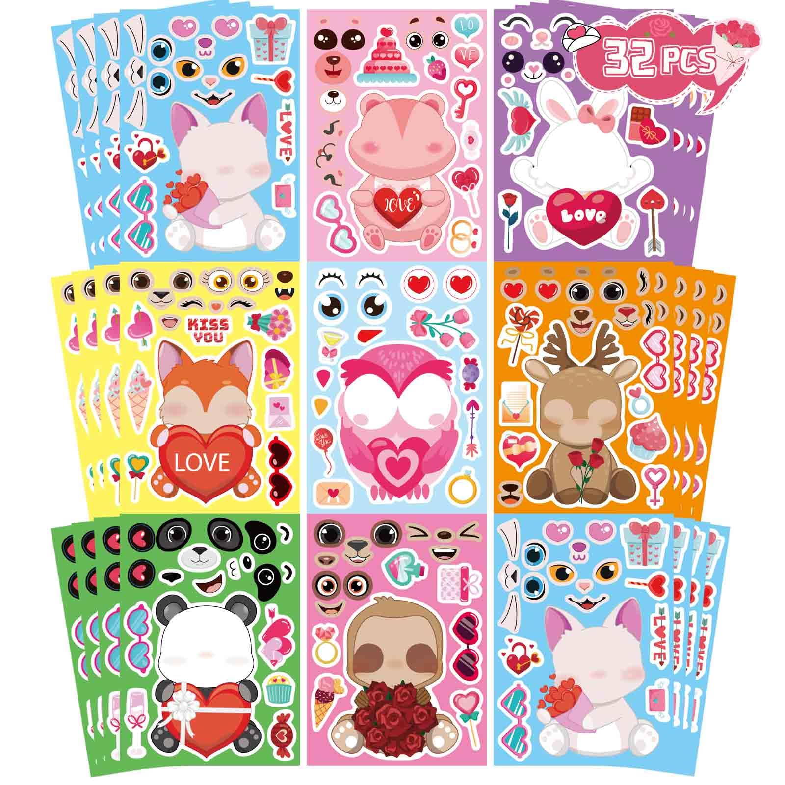 DUJAA 32-Pack Valentine Make a Face Stickers – Cute Animal Designs for Kids Crafts