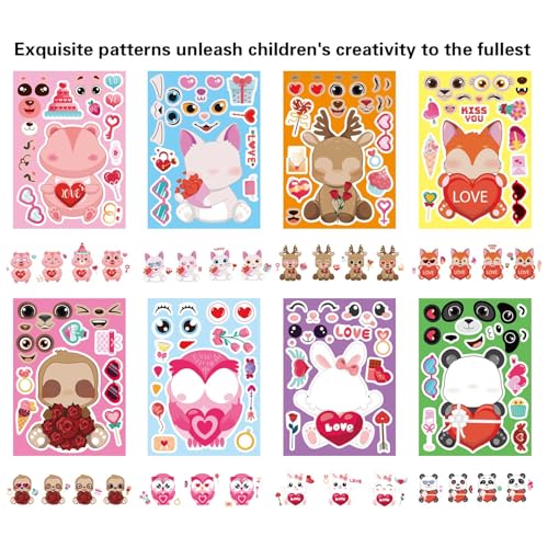 DUJAA 32-Pack Valentine Make a Face Stickers – Cute Animal Designs for Kids Crafts