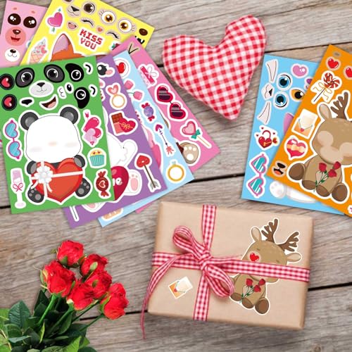 DUJAA 32-Pack Valentine Make a Face Stickers – Cute Animal Designs for Kids Crafts