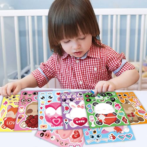 DUJAA 32-Pack Valentine Make a Face Stickers – Cute Animal Designs for Kids Crafts