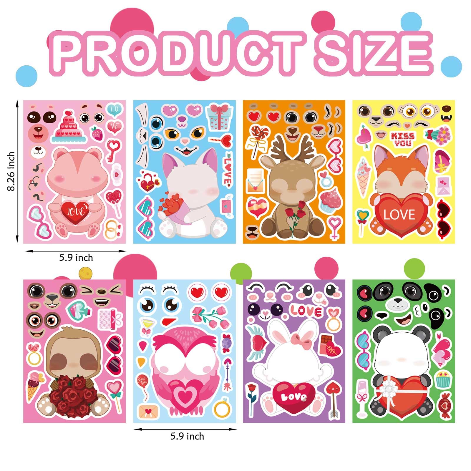 DUJAA 32-Pack Valentine Make a Face Stickers – Cute Animal Designs for Kids Crafts