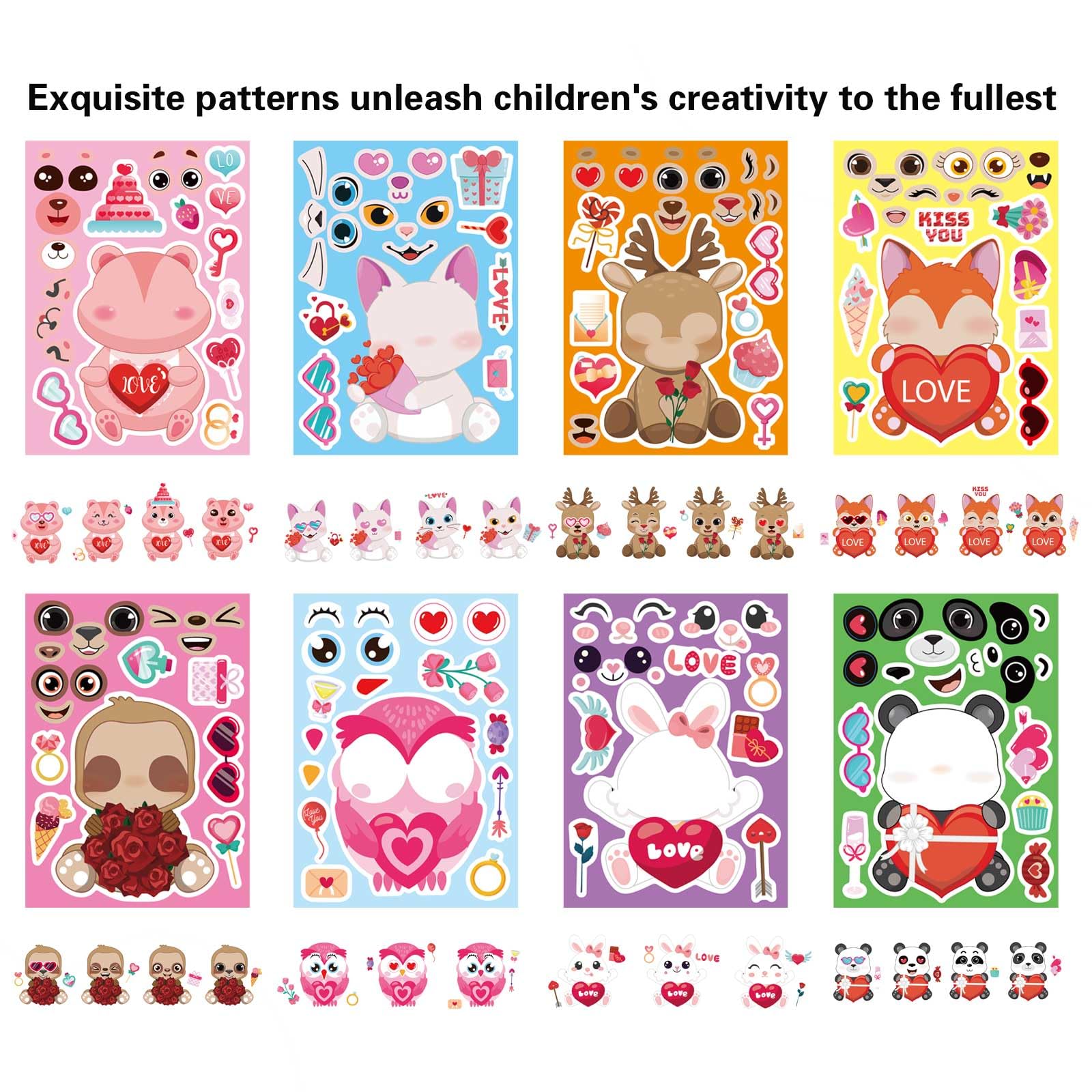 DUJAA 32-Pack Valentine Make a Face Stickers – Cute Animal Designs for Kids Crafts