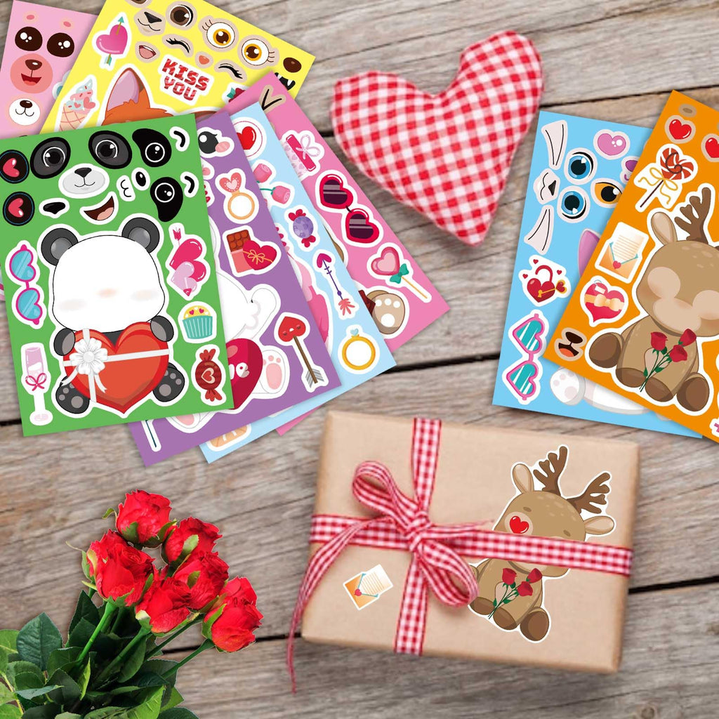 DUJAA 32-Pack Valentine Make a Face Stickers – Cute Animal Designs for Kids Crafts
