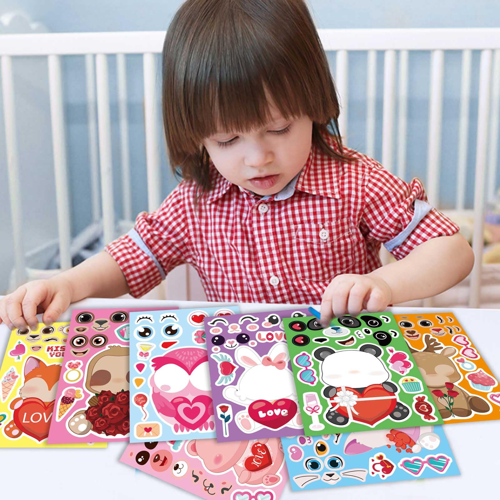 DUJAA 32-Pack Valentine Make a Face Stickers – Cute Animal Designs for Kids Crafts