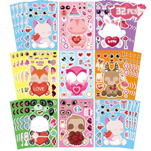 DUJAA 32-Pack Valentine Make a Face Stickers – Cute Animal Designs for Kids Crafts