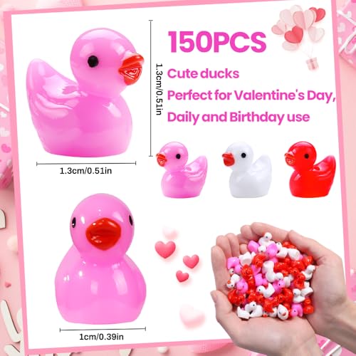 DULEFUN 150-Piece Valentine's Mini Resin Ducks Set - Pink, Red, White Tiny Duck Figures for Dollhouse Decoration, Micro Garden Crafts, Party Favors