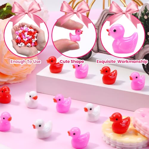 DULEFUN 150-Piece Valentine's Mini Resin Ducks Set - Pink, Red, White Tiny Duck Figures for Dollhouse Decoration, Micro Garden Crafts, Party Favors