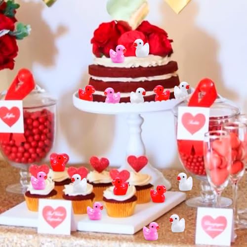 DULEFUN 150-Piece Valentine's Mini Resin Ducks Set - Pink, Red, White Tiny Duck Figures for Dollhouse Decoration, Micro Garden Crafts, Party Favors