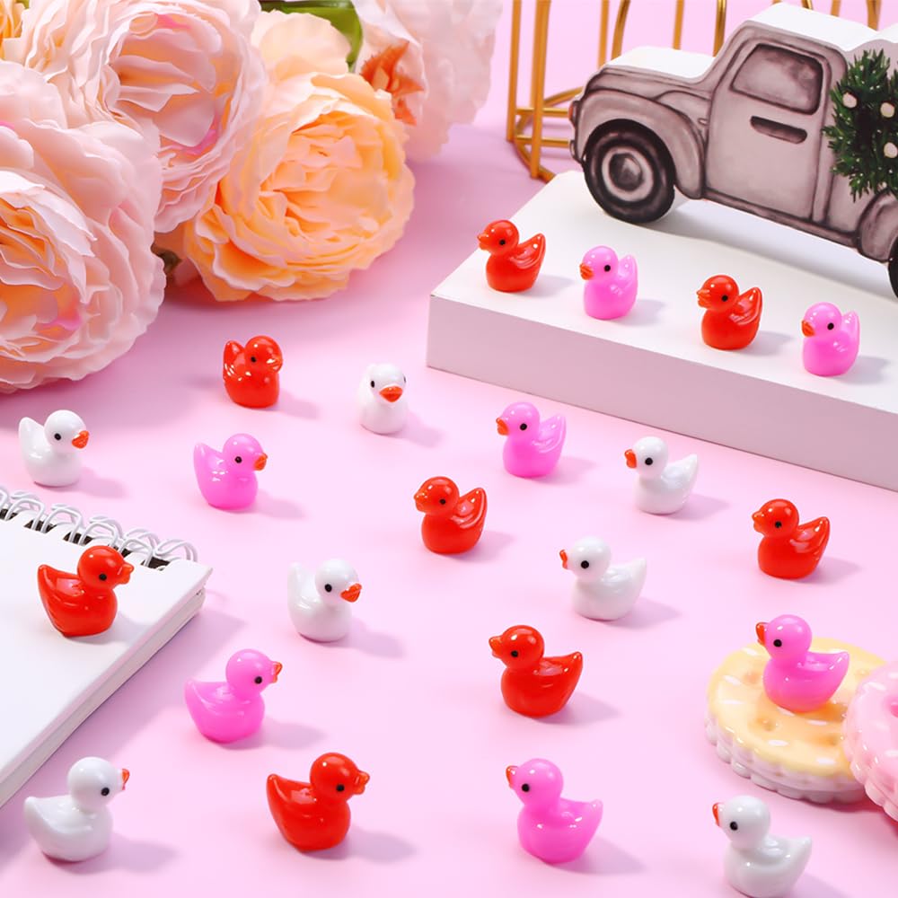 DULEFUN 150-Piece Valentine's Mini Resin Ducks Set - Pink, Red, White Tiny Duck Figures for Dollhouse Decoration, Micro Garden Crafts, Party Favors