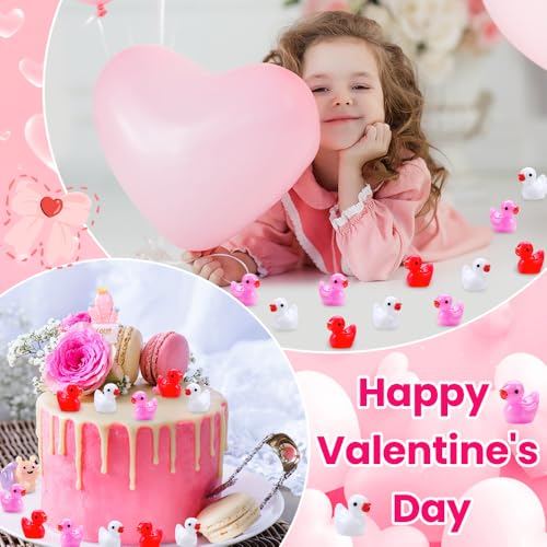 DULEFUN 150-Piece Valentine's Mini Resin Ducks Set - Pink, Red, White Tiny Duck Figures for Dollhouse Decoration, Micro Garden Crafts, Party Favors