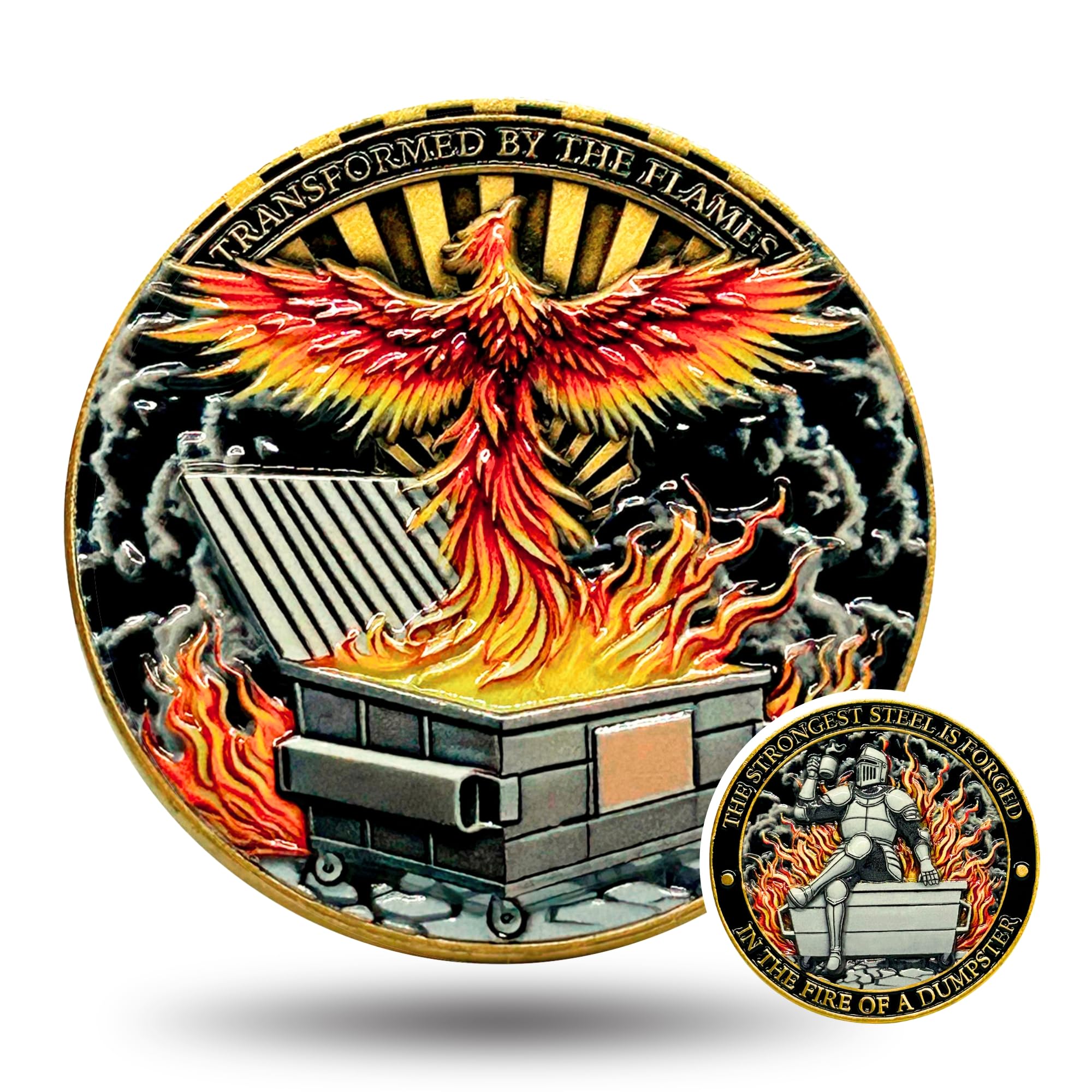 Dumpster Fire Challenge Coin – Phoenix & Knight 3D UV Print Zinc Alloy 1.7 Inch Funny Motivational Gift