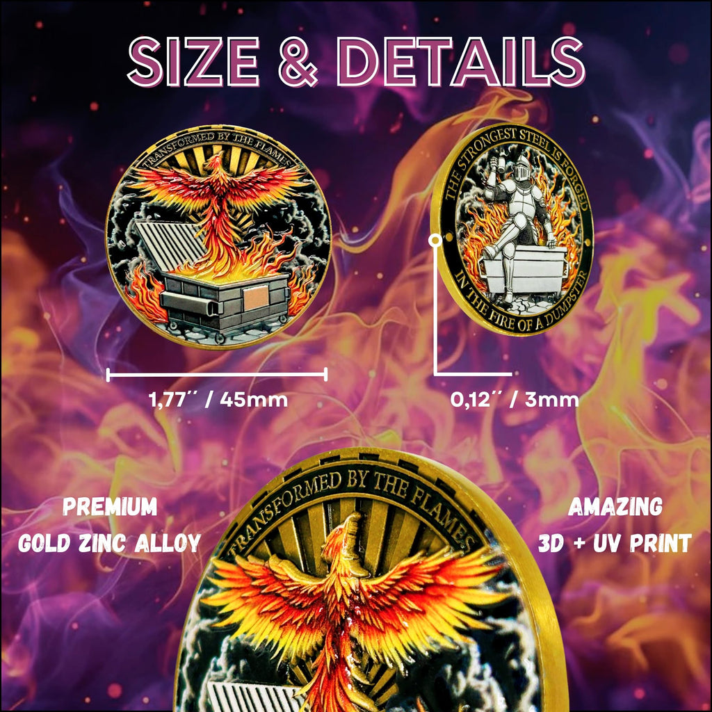 Dumpster Fire Challenge Coin – Phoenix & Knight 3D UV Print Zinc Alloy 1.7 Inch Funny Motivational Gift