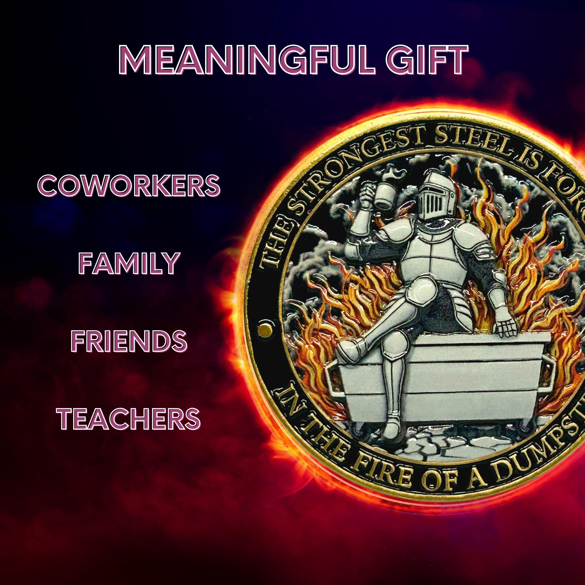 Dumpster Fire Challenge Coin – Phoenix & Knight 3D UV Print Zinc Alloy 1.7 Inch Funny Motivational Gift