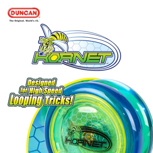 Duncan Hornet Pro Looping Yo-Yo – Blue with Yellow Caps, Ball-Bearing Axle, Intermediate Level
