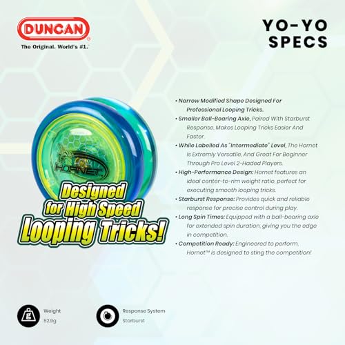 Duncan Hornet Pro Looping Yo-Yo – Blue with Yellow Caps, Ball-Bearing Axle, Intermediate Level