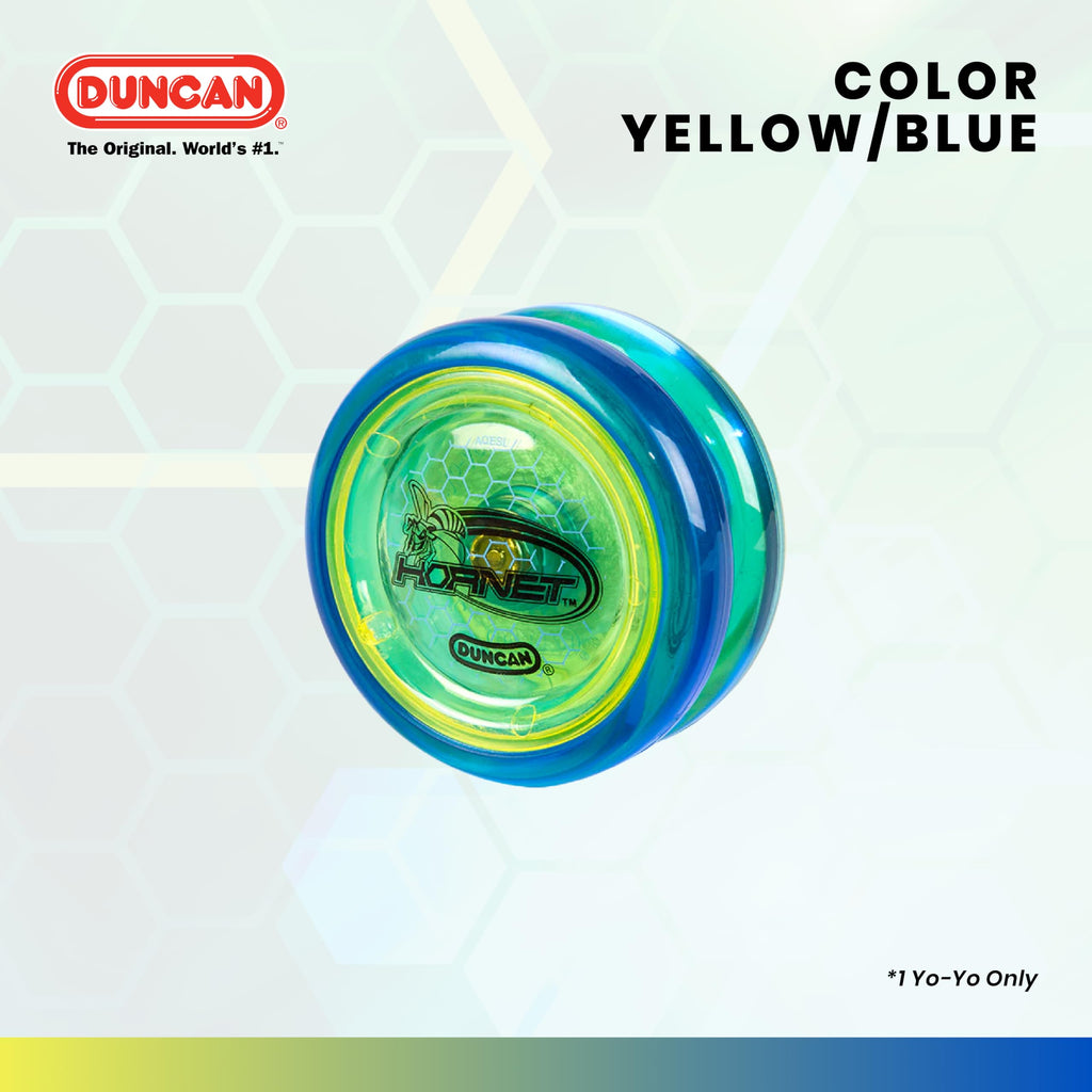 Duncan Hornet Pro Looping Yo-Yo – Blue with Yellow Caps, Ball-Bearing Axle, Intermediate Level