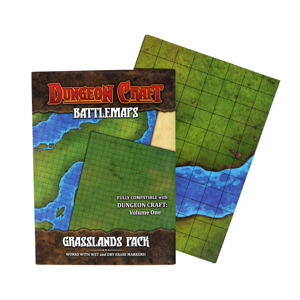 Dungeon Craft Double-Sided Battle Map 24x33 – Grasslands & Riverbank with 1-Inch Grid – Wet/Dry Erase Laminated Mat for D&D and RPG
