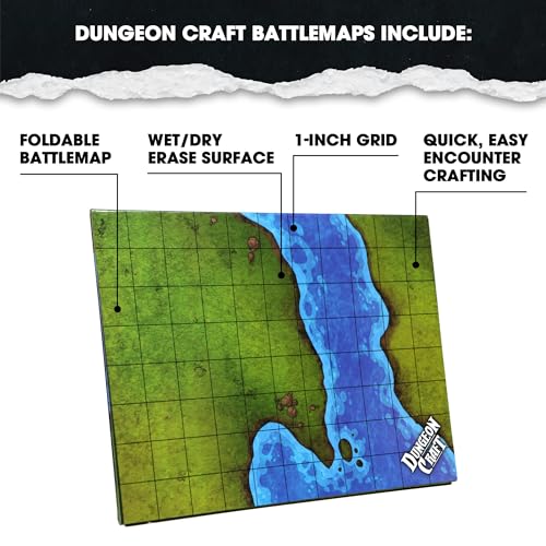 Dungeon Craft Double-Sided Battle Map 24x33 – Grasslands & Riverbank with 1-Inch Grid – Wet/Dry Erase Laminated Mat for D&D and RPG