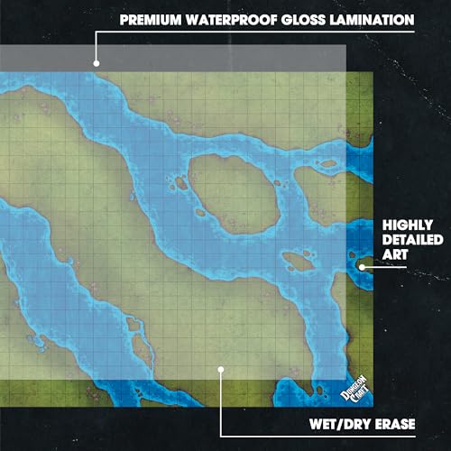 Dungeon Craft Double-Sided Battle Map 24x33 – Grasslands & Riverbank with 1-Inch Grid – Wet/Dry Erase Laminated Mat for D&D and RPG