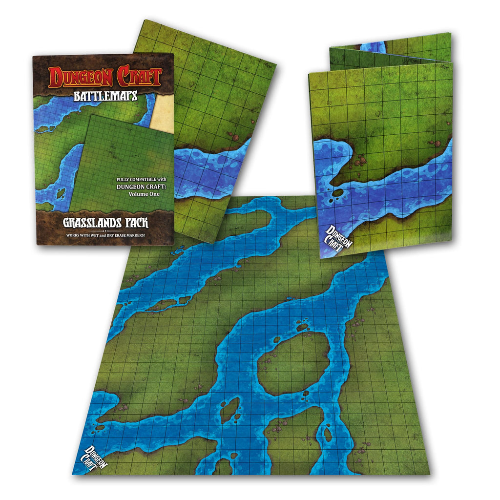 Dungeon Craft Double-Sided Battle Map 24x33 – Grasslands & Riverbank with 1-Inch Grid – Wet/Dry Erase Laminated Mat for D&D and RPG