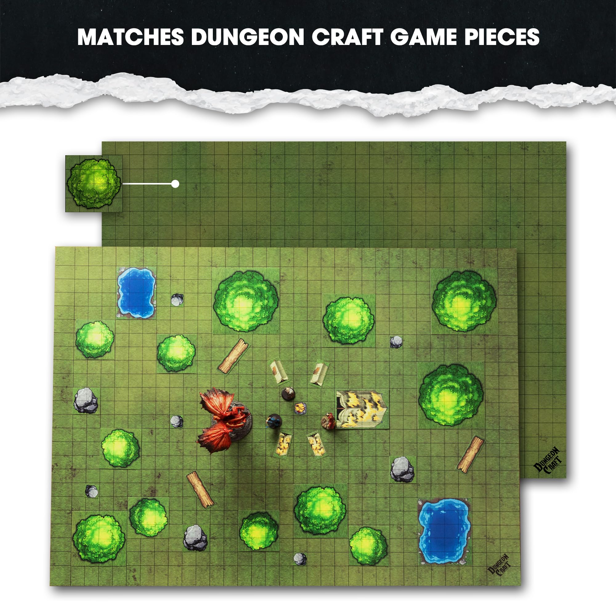 Dungeon Craft Double-Sided Battle Map 24x33 – Grasslands & Riverbank with 1-Inch Grid – Wet/Dry Erase Laminated Mat for D&D and RPG