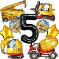 DUNSEO Construction Truck Balloons Set for 5th Birthday - 9 Foil Balloons Including Excavator, Forklift, Crane, Cement Truck, Gold Stars & Number 5