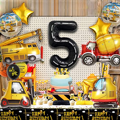 DUNSEO Construction Truck Balloons Set for 5th Birthday - 9 Foil Balloons Including Excavator, Forklift, Crane, Cement Truck, Gold Stars & Number 5