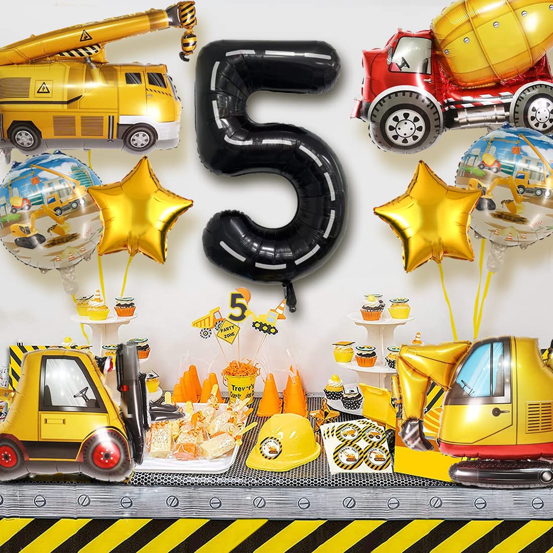 DUNSEO Construction Truck Balloons Set for 5th Birthday - 9 Foil Balloons Including Excavator, Forklift, Crane, Cement Truck, Gold Stars & Number 5