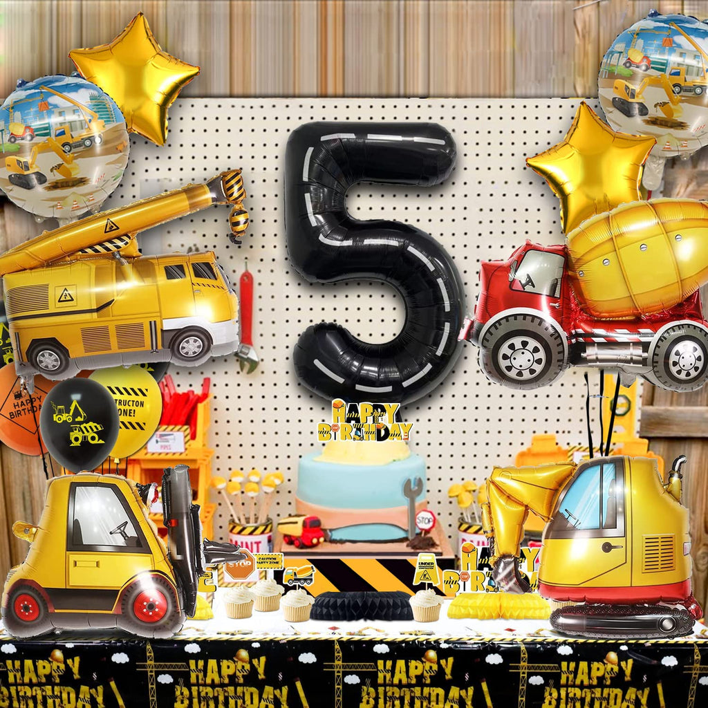 DUNSEO Construction Truck Balloons Set for 5th Birthday - 9 Foil Balloons Including Excavator, Forklift, Crane, Cement Truck, Gold Stars & Number 5