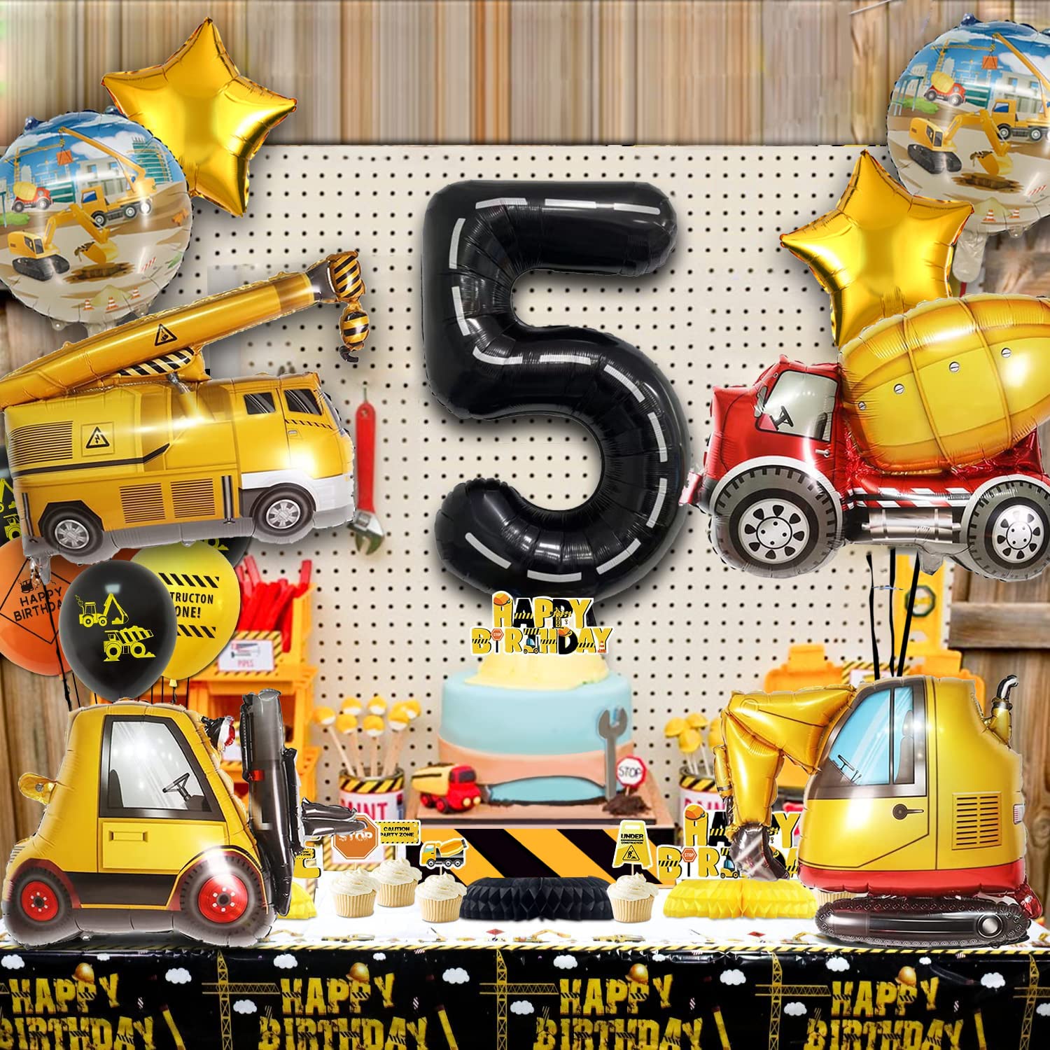 DUNSEO Construction Truck Balloons Set for 5th Birthday - 9 Foil Balloons Including Excavator, Forklift, Crane, Cement Truck, Gold Stars & Number 5