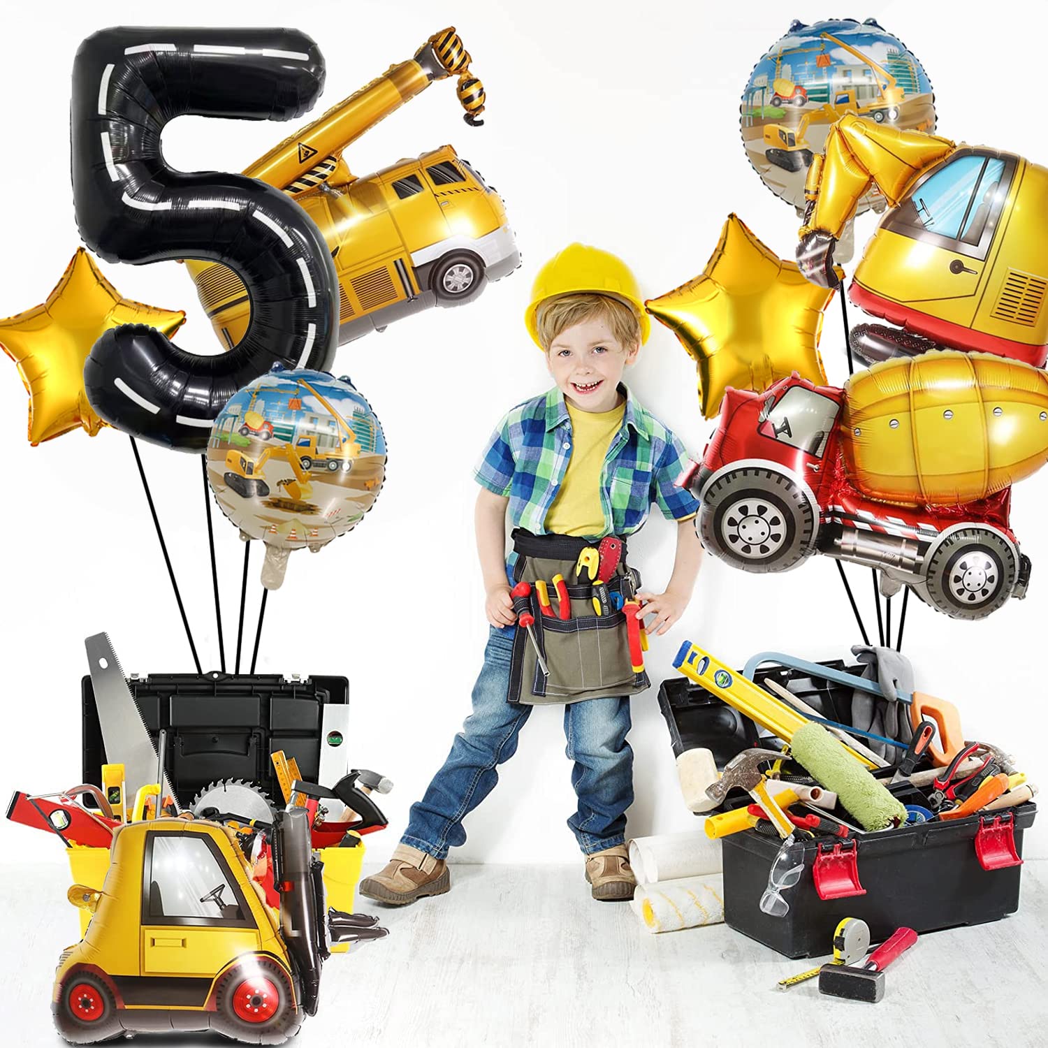DUNSEO Construction Truck Balloons Set for 5th Birthday - 9 Foil Balloons Including Excavator, Forklift, Crane, Cement Truck, Gold Stars & Number 5